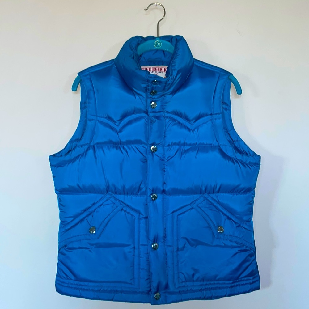 True Religion Women’s Blue Puffer Goose Down Vest Zip & Snap Buttons Size Large